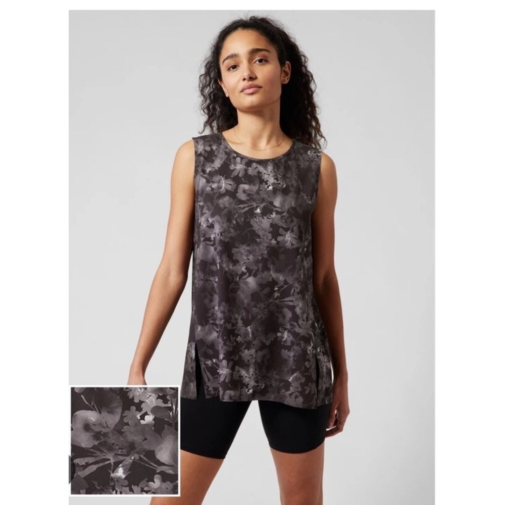 Athleta Tank Top L Black Gray Floral Boat Neck Refined Zephyr Stretch Sleeveless